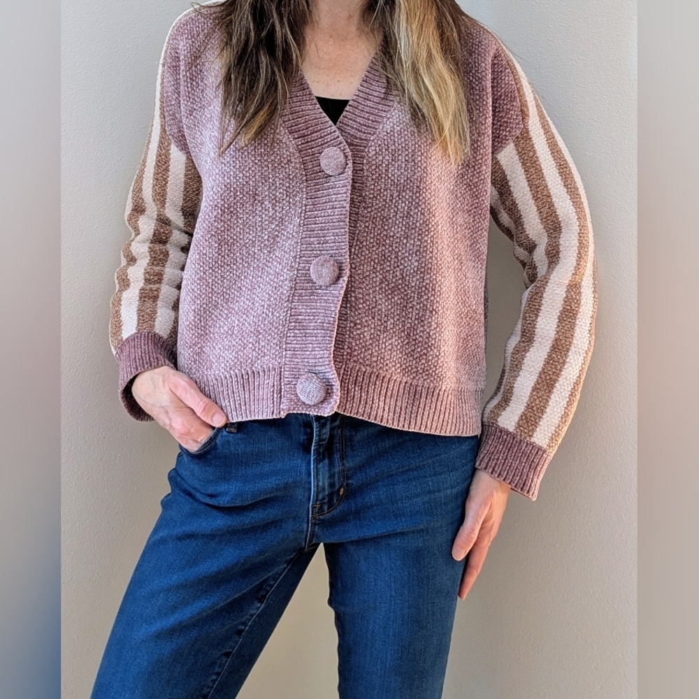 Vintage Chenille V-neck Striped Slv Button-Down Cardigan Sweater In Mauve/Ivory